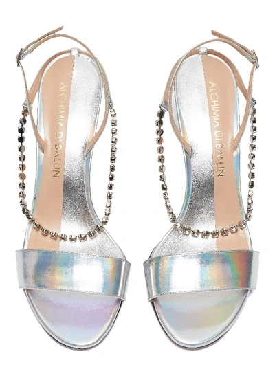 Shop Alchimia Di Ballin Slanted Heel Glass Crystal Strap Holographic Leather Sandals