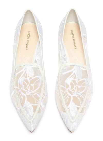 Shop Nicholas Kirkwood 'beya' Floral Embroidered Metal Heel Mesh Skimmer Loafers In White / Floral Embroidered Mesh