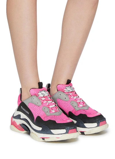 Shop Balenciaga 'triple S' Stack Midsole Mesh Sneakers In Fluorescent Pink / Grey / White