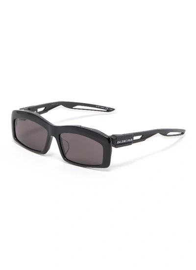 Shop Balenciaga 'hybrid' Cutout Temple Acetate Rectangle Sunglasses In Black / Grey