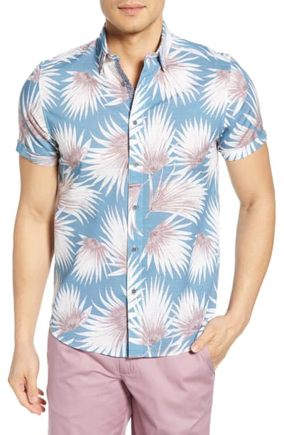Shop Ted Baker Slim Fit Palm Print Short Sleeve Button-up Shirt In Blue