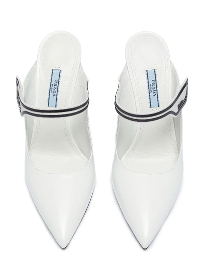 Shop Prada Logo Patch Sculptural Wedge Leather Mules In White