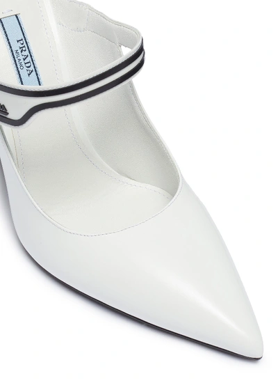 Shop Prada Logo Patch Sculptural Wedge Leather Mules In White