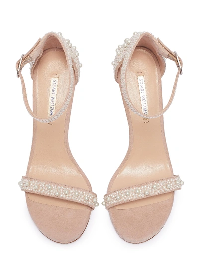 Shop Stuart Weitzman 'nudist Pearls' Ankle Strap Suede Sandals In Pale Pink