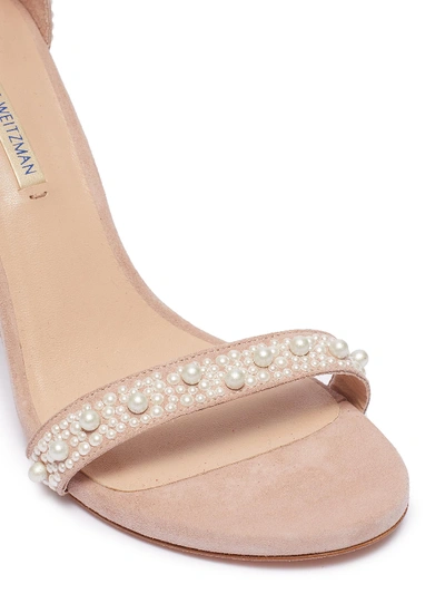 Shop Stuart Weitzman 'nudist Pearls' Ankle Strap Suede Sandals In Pale Pink