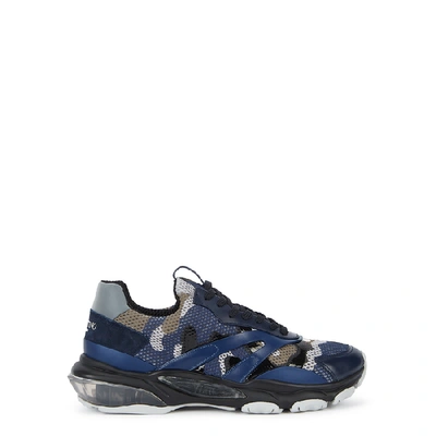 Shop Valentino Bounce Camouflage-print Mesh Sneakers In Navy