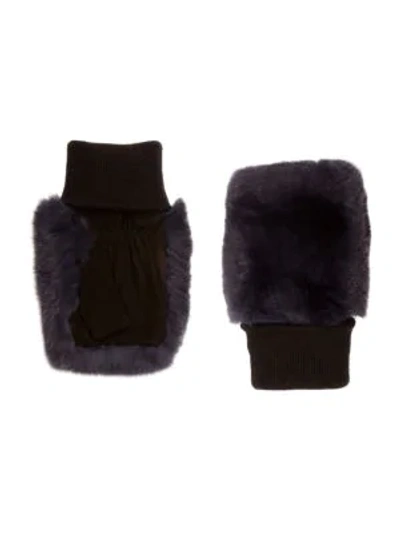 Shop Glamourpuss Rabbit Fur Fingerless Gloves In Navy
