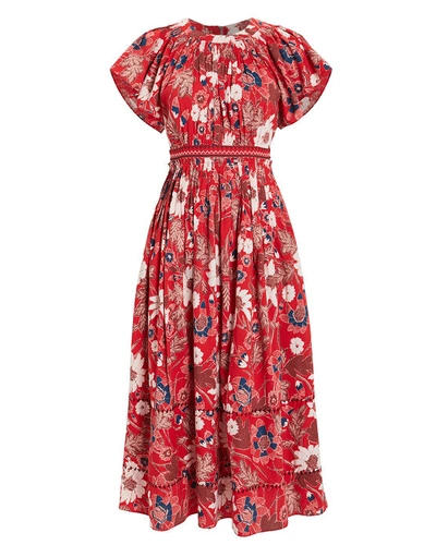 Shop Ulla Johnson Lottie Floral Voile Dress  Red/floral Zero In Red,floral