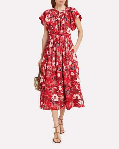 Shop Ulla Johnson Lottie Floral Voile Dress  Red/floral Zero In Red,floral