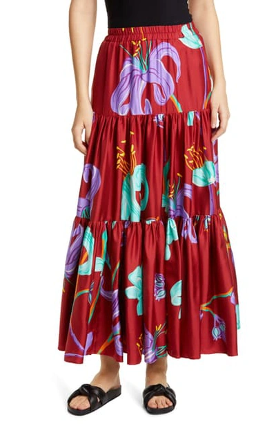 Shop La Doublej Big Print Convertible Tiered Silk Maxi Skirt In Maneater Rosso