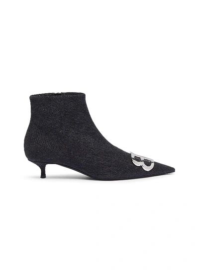 Shop Balenciaga 'knife' Logo Plaque Denim Ankle Boots In Black