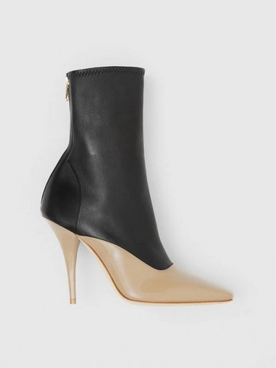 Shop Burberry Two-tone Lambskin And Patent Leather Ankle Boots In Dark Honey/black