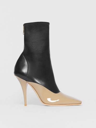 Shop Burberry Two-tone Lambskin And Patent Leather Ankle Boots In Dark Honey/black