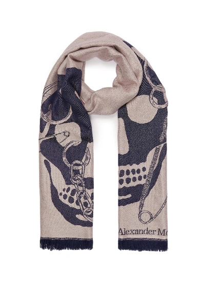 Shop Alexander Mcqueen Chained Skull Wool Scarf In Dusty Pink / Navy