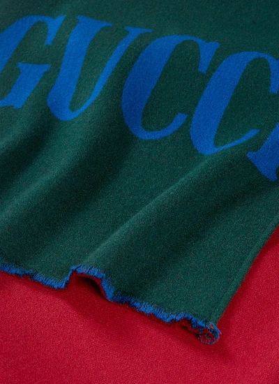 Shop Gucci Logo Stripe Wool Silk Scarf In Green
