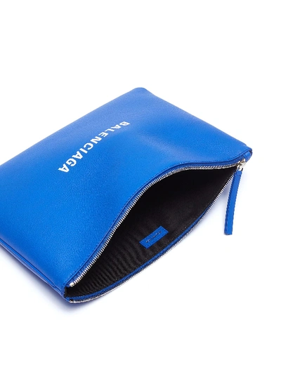 Shop Balenciaga 'everyday' Logo Print Medium Leather Pouch In Blue