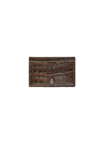 Shop Alexander Mcqueen Skull Charm Croc Embossed Leather Card Holder In Brown