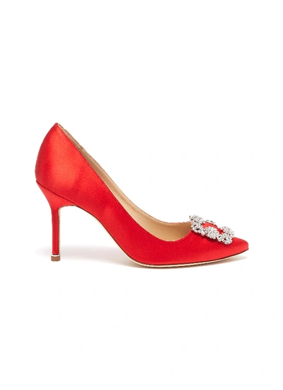 Shop Manolo Blahnik 'hangisi 90' Swarovski Crystal Brooch Satin Pumps In Red