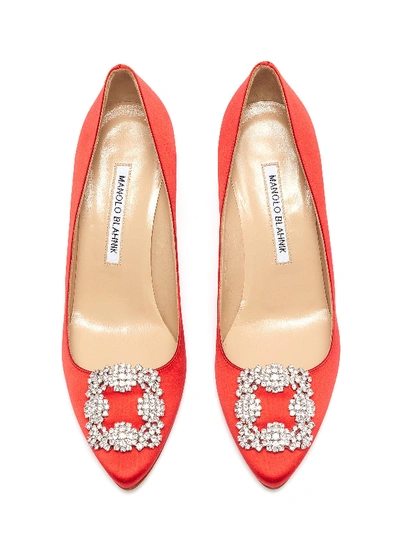 Shop Manolo Blahnik 'hangisi 90' Swarovski Crystal Brooch Satin Pumps In Red