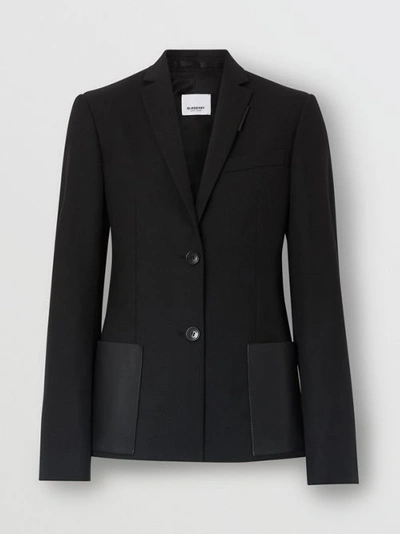 Shop Burberry Leather Detail Wool Tailored Jacket In Black