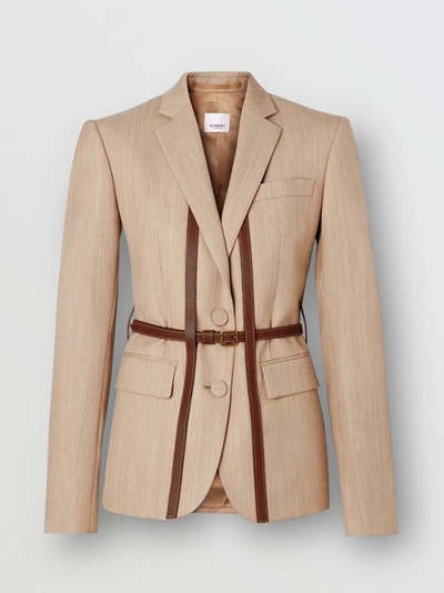 Shop Burberry Leather Harness Detail Wool Tailored Jacket In Camel Melange