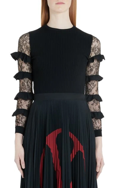 Shop Valentino Ruffle Lace Sleeve Sweater In 0no-black