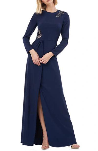 Shop Kay Unger Long Sleeve Stretch Crepe Gown In Navy
