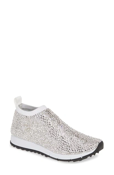 Shop Jimmy Choo Nowary Crystal Embellished Slip-on Sneaker In White/ Crystal