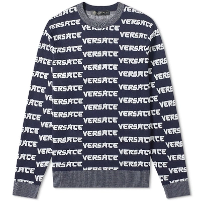 Shop Versace Japanese Logo Intarsia Knit In Blue