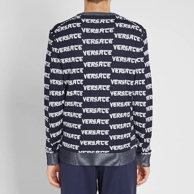 Shop Versace Japanese Logo Intarsia Knit In Blue