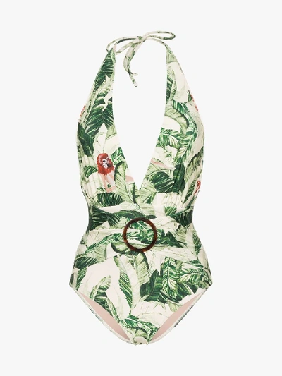 Shop Adriana Degreas Green And White Tropical Print Belted Swimsuit In Multicolour