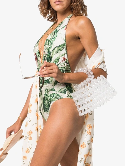 Shop Adriana Degreas Green And White Tropical Print Belted Swimsuit In Multicolour