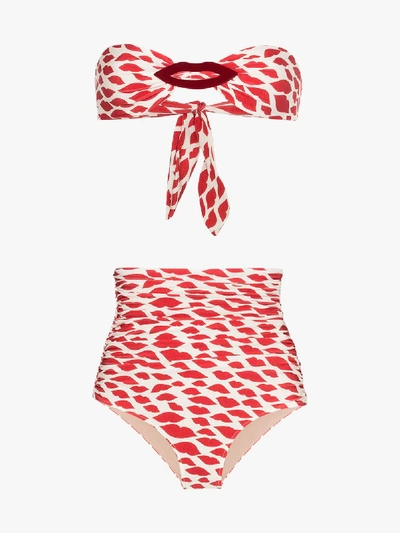 Shop Adriana Degreas Red And White Bacio Bandeau Lips-print Bikini