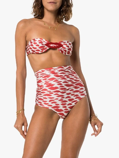 Shop Adriana Degreas Red And White Bacio Bandeau Lips-print Bikini