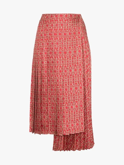 Shop Fendi Gate Print Silk Midi Skirt In Red