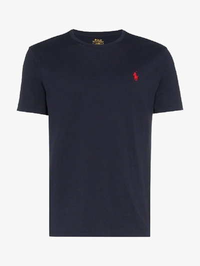 Shop Polo Ralph Lauren Blue Embroidered Logo Cotton T-shirt