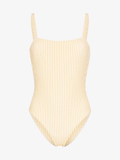 Shop Asceno Striped Spaghetti Strap Swimsuit In Yellow