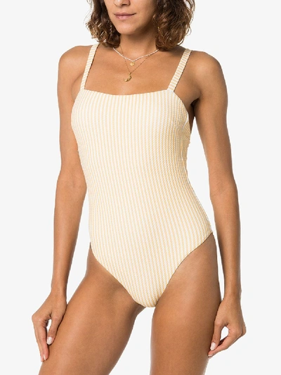 Shop Asceno Striped Spaghetti Strap Swimsuit In Yellow