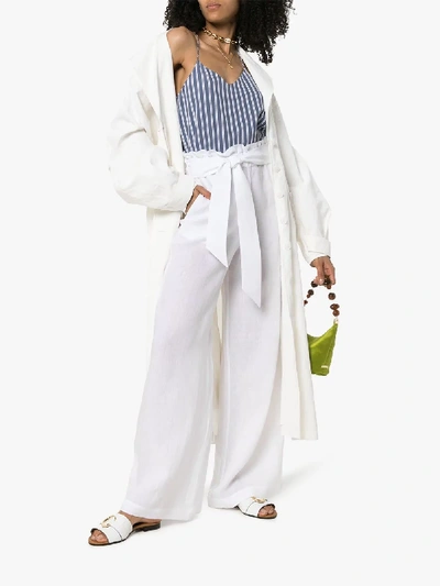 Shop Asceno Wide Leg Belted Linen Trousers In White