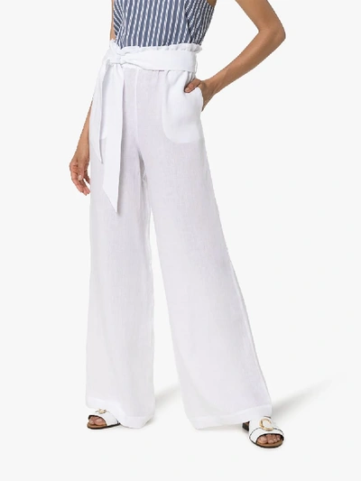 Shop Asceno Wide Leg Belted Linen Trousers In White