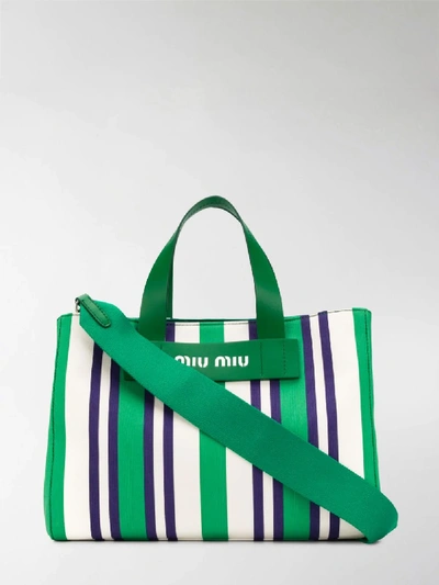 Shop Miu Miu Striped Logo Tote Bag In Green