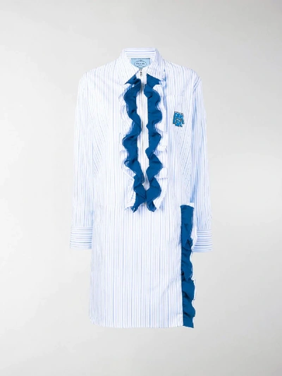 Shop Prada Striped Ruffle Shirt Dress In Blue