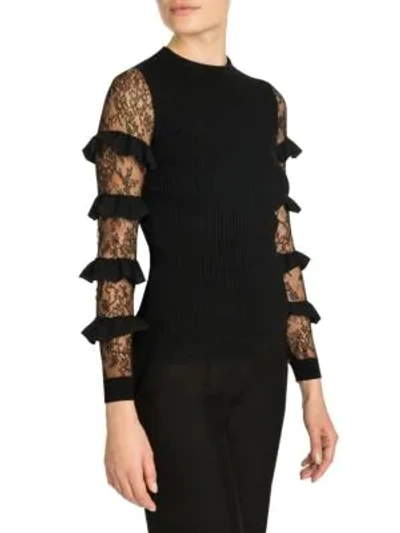 Shop Valentino Ruffle Lace Sleeve Rib-knit Top In Black