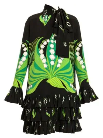 Shop Valentino Lily Of The Valley Print Silk Dress In Black Green