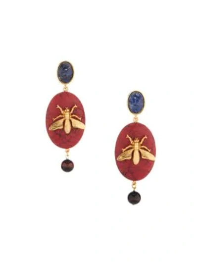 Shop Oscar De La Renta Goldtone Oval Agate Drop Clip-on Earrings In Cayenne