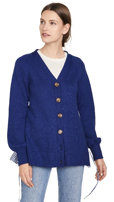 Shop Adeam Ruched Parachute Cardigan In Navy/gingham
