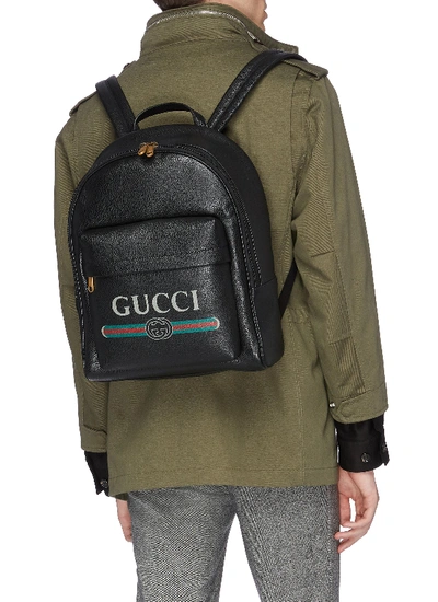 Shop Gucci Logo Print Leather Backpack