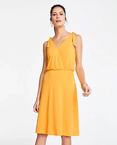Shop Ann Taylor Matte Jersey Shoulder Tie Flare Dress In Citrus Sun