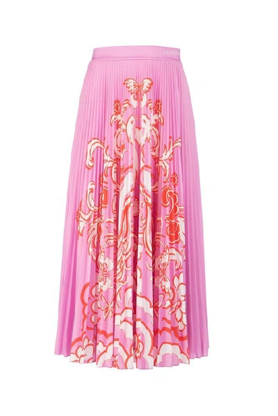 Shop Valentino Print Pleated Midi Skirt In Pink