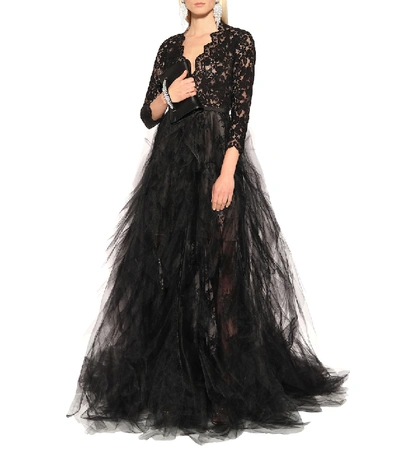 Shop Oscar De La Renta Lace And Tulle Gown In Black
